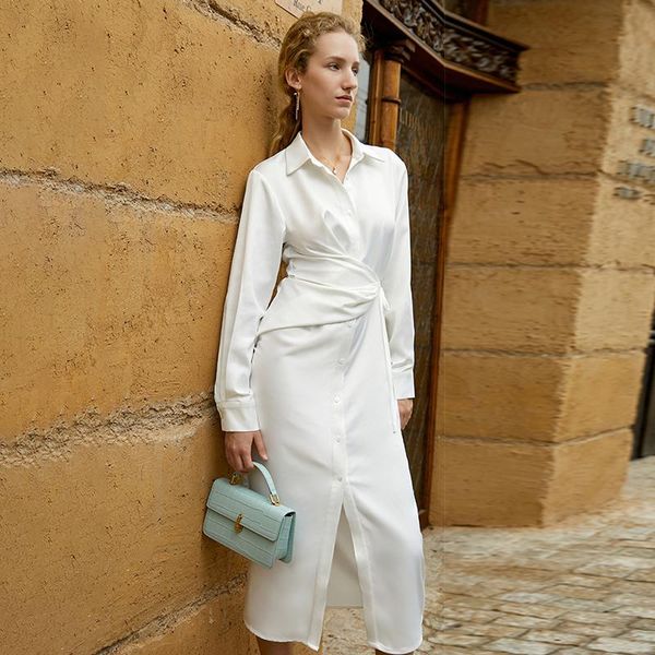

casual dresses slim midi for women lapel long sleeve high waist lace up white elegant shirt dress female fashion, Black;gray