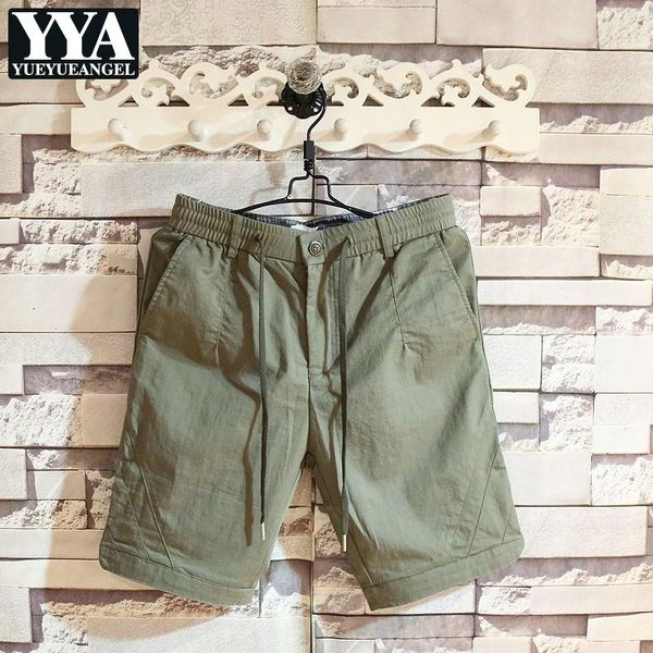 

summer mens knee length elastic waist beach shorts straight pockets cargo short trousers casual streetwear solid colors men's, White;black