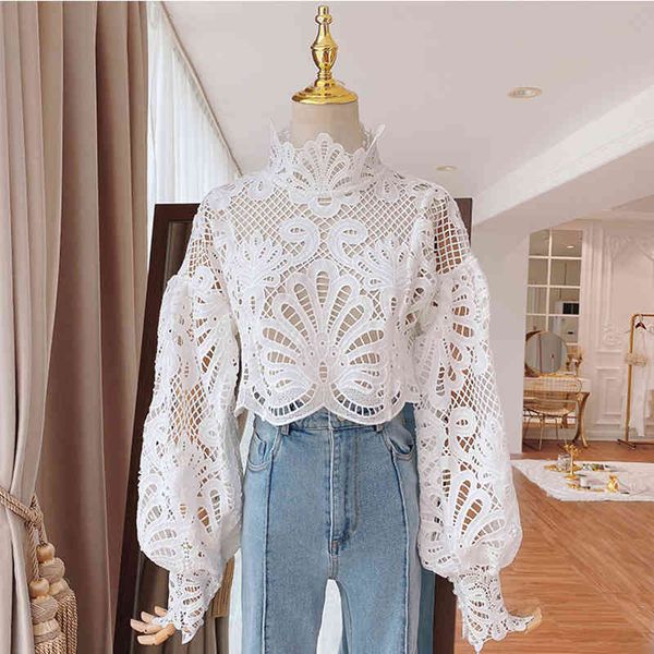 

high street est fashion designer dress women's lantern sleeve guipure lace blouse 210521, White