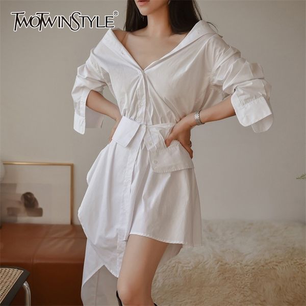 

white irregular hem dress for women v neck long sleeve high waist elegant dresses female fashion clothing 210520, Black;gray