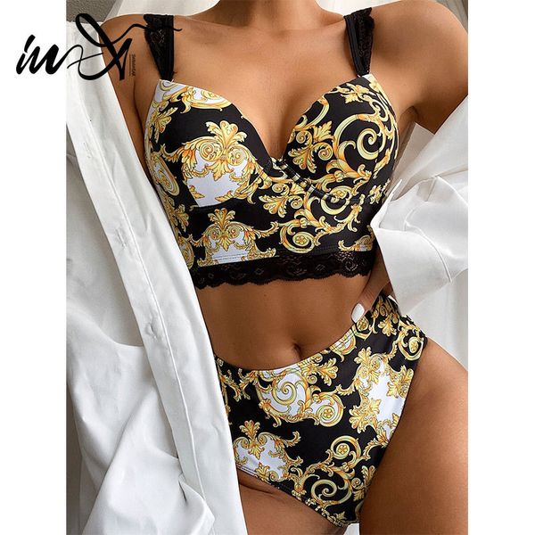 

in-x high waist paisley print bikini 2021 push up swimwear women underwire swimsuit female lace bikinis straps bathing suit, White;black
