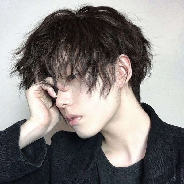 

natural male long explosive hair bald full head cover water ripple wig boys, Black