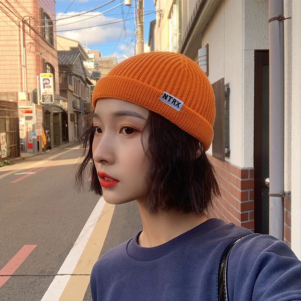 

knitted female autumn and winter woolen hat designer fashion brand japanese versatile curling letter melon skin yuppie hoodlum man, Blue;gray