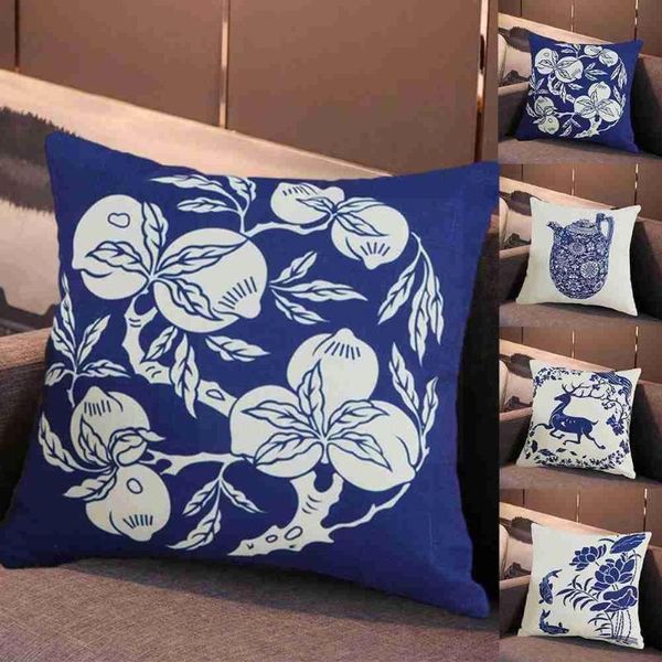 

cushion/decorative pillow simple national blue and white porcelain cotton linen sofa pillowcase cover office waist bedding car back cus d6g7