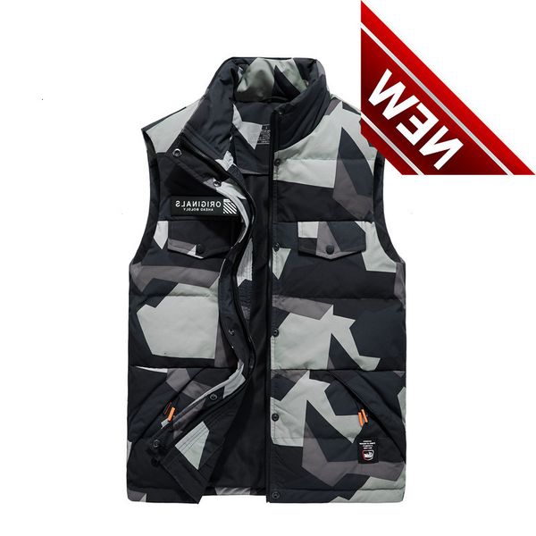 

2021 men's winter white duck down thick warm parkas waistcoat male multi-pocket camouflage stand collar jacket vest outwear, Black