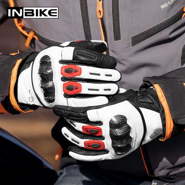 Inbike Professional Leather Motorcycle Luvas à prova de vento Fibra de carbono Knuckle Casais Homens Mulheres Racing Motócross Motorbike Luvas H1022