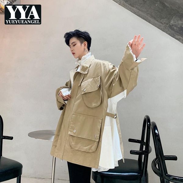 

safari style autumn oversize designer casual mens loose jackets fashion patchwork long sleeve pockets stand collar coats men's, Black;brown