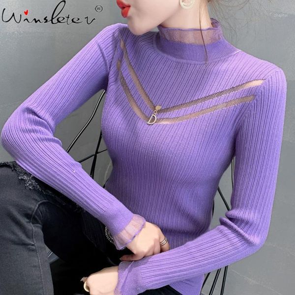 

women's sweaters fall winter korean style knitted sweater fashion patchwork mesh transparent ruffles women all match female jumper t089, White;black