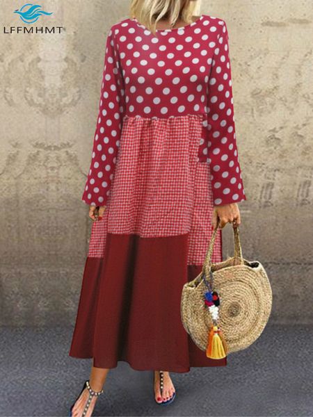

casual dresses women autumn spring vintage folk style dot print patchwork female round neck long sleeve 4xl plus size dress d5i1, Black;gray