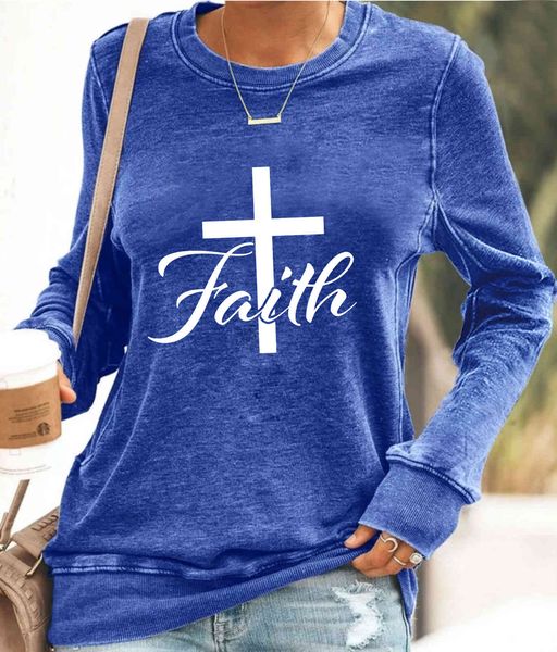 

2021 autumn round neck women's clothing belief cross letter printing long sleeve thickened sweater, Black