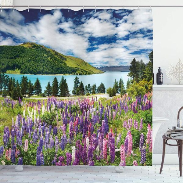 

shower curtains nature curtain, floral mountain meadow valley by lake with blossom petals inspiration picture, cloth fabric bathroom