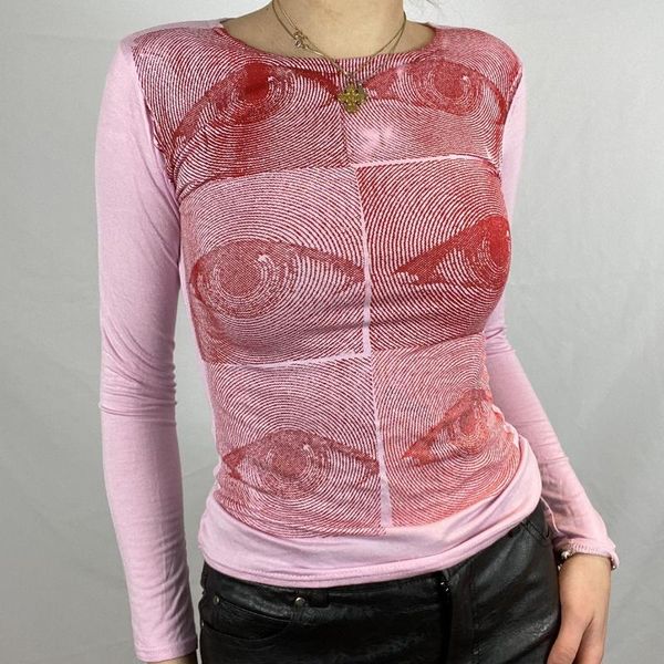 

women's t-shirt y2k round neck trendy long sleeve abstract eyes print slim fit for daily life beach dating work holiday, White