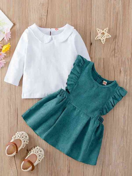 

baby peter-pan collar & ruffle trim corduroy dress she, Blue