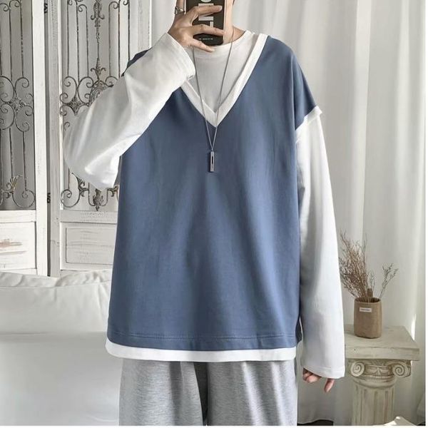 

men's hoodies & sweatshirts sweatshirt men spring summer 2021 fake two solid color long sleeve t-shirts clothing women loose college co, Black