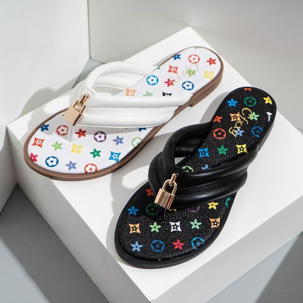 

sandals cartoon print flat female lock buckle flip flops, Black