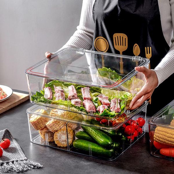 

adjustable fridge storage box container with lid and divider compartments for storage, save refrigerators space bottles & jars