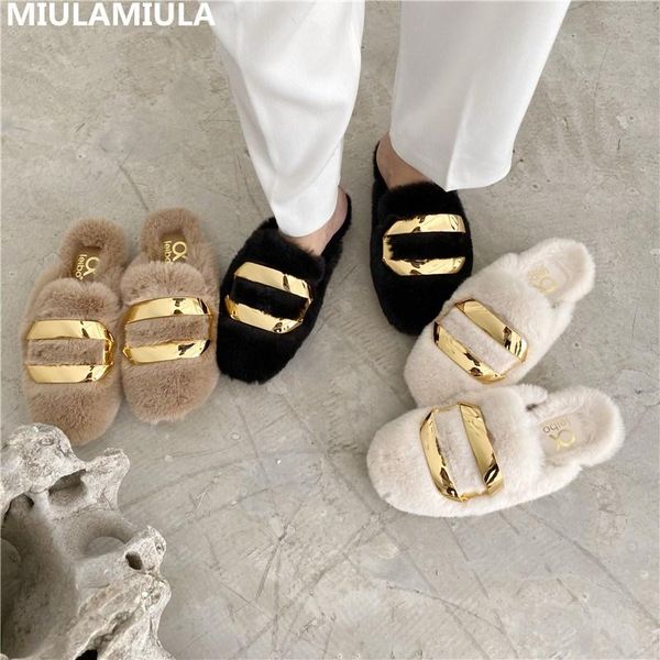

winter fashion luxury golden chain soft hair flat slippers socofy slip on women loafers fur slides mules flip flops, Black