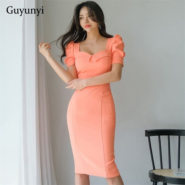 

plain office lady dress summer high waist tight dress fashion square collar puff sleeve simple party elegant dress women 210331, Black;gray