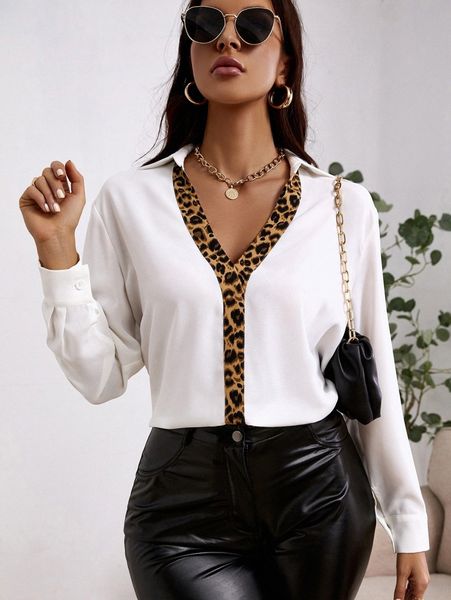 

leopard print contrast trim blouse t4pt#, White