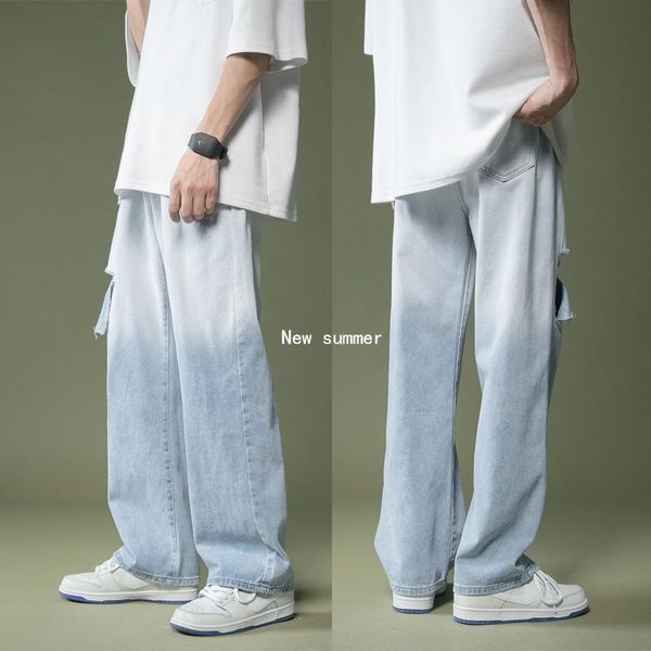 

men's jeans summer men ripped hole straight pants teenager casual gradident kpop clothes hip hop wide leg long trousers, Blue