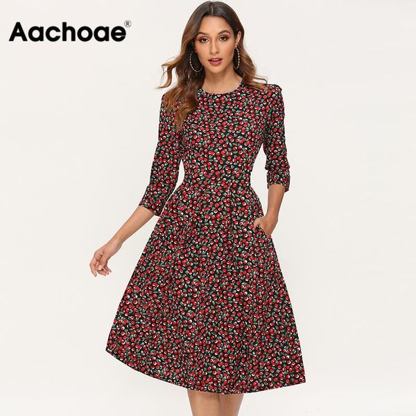 

printed dress for women 2021 vintage three quarter sleeve draped dress autumn round ne a-line midi dresses vestido, Black;white