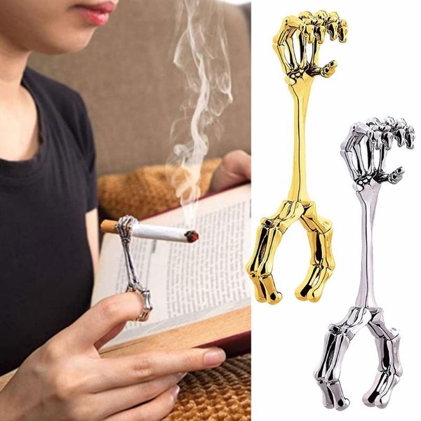 

cluster rings cigarette holder vintage skeleton hand smoker elegant finger ring for women and men c1fc, Golden;silver
