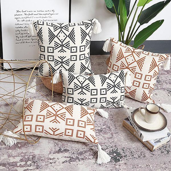 

cushion/decorative pillow beige black cotton jacquard cover home decor geometric tassels cushion decoration pillowcase 45x45cm/30x50cm