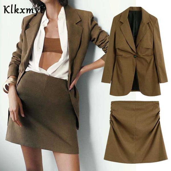 Klkxmyt dois pedaços conjuntos mulheres inglaterra estilo férias casuais blazer jaquetas feminino sexy mini saia faldas definir 210527