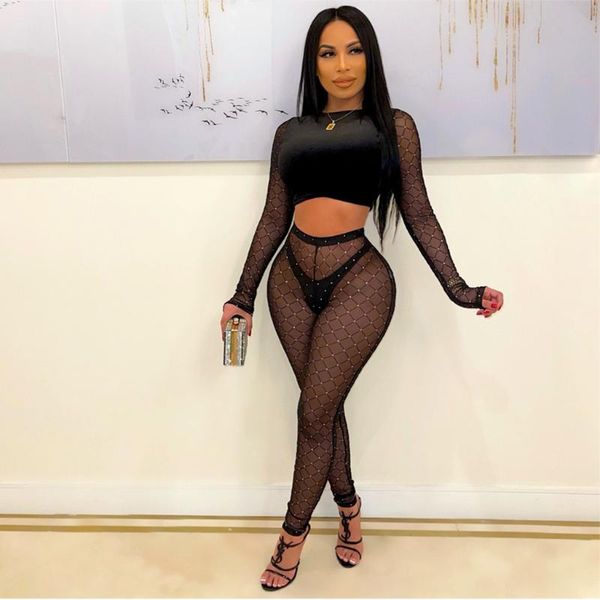 

women's two piece pants all black sheer mesh patchwork holiday evening party long sleeve pullover retro skinny women sets 2022, White