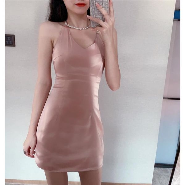 

casual dresses 2021 heavy industry rhinestone sling halter neck dress women 1018, Black;gray