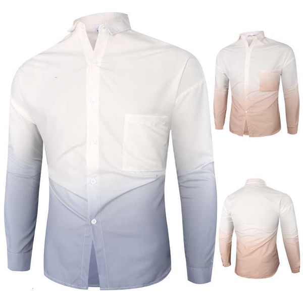 

men's casual shirts fashion gradient color youth streetwear all season fit long sleeve men patchwork shirt 0swu, White;black