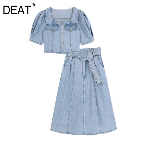 

[deat] women summer fashion short sleeve square collar a-line denim skirts two-piece suit 13q446 210527, White