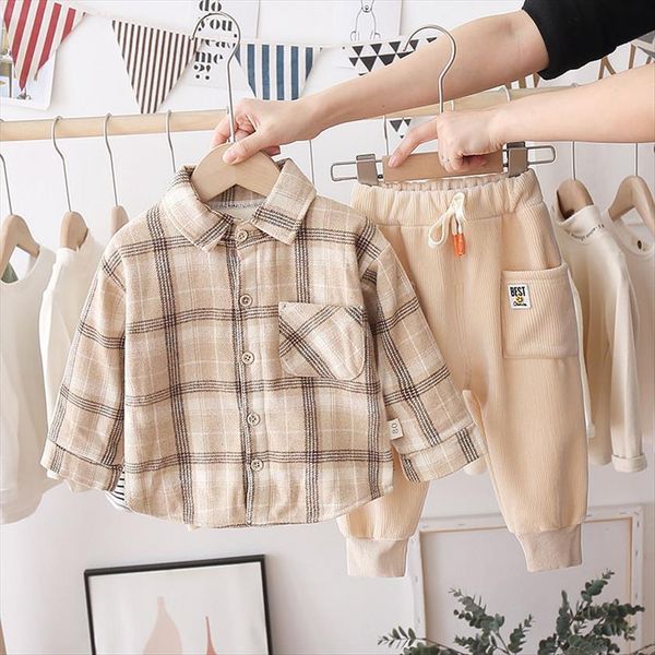 

fashion plaid childrens sets warm plush shirt pants baby boy clothes suits long sleeve kids tracksuits boys party coat, White
