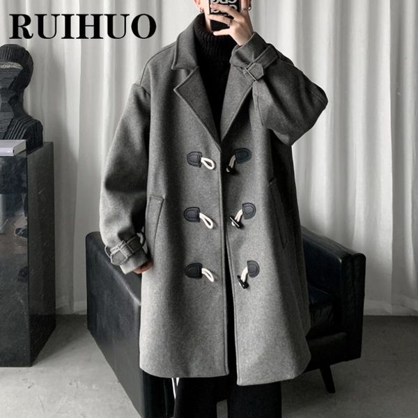 

men's wool & blends ruihuo horn button long winter jacket men 2021 mens coat trench over clothing m-2xl autumn arrivals, Black