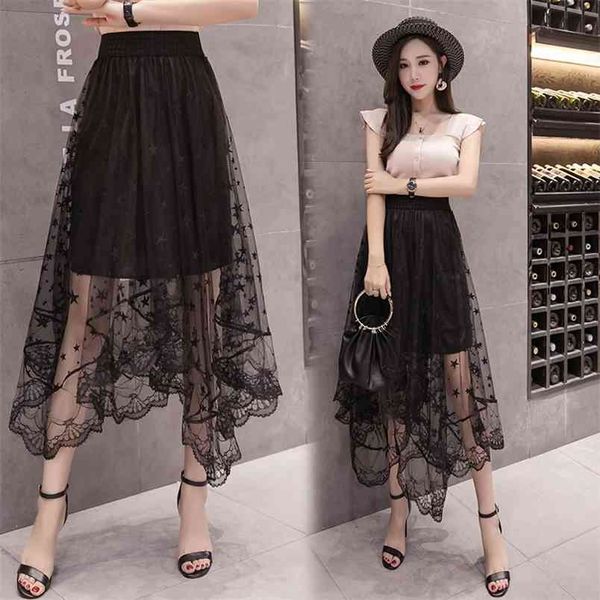 

summer korean casual elastic high waist slim simple black irregular mesh skirt women a-line long 210527