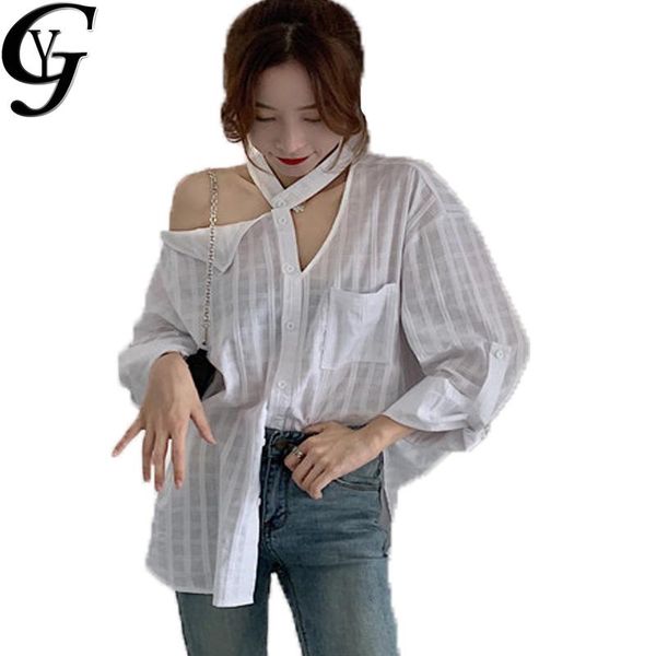 

cut out collar white long shirts women 2021 fashion button down cotton blouse causal sleeve chemise blanche women's blouses &
