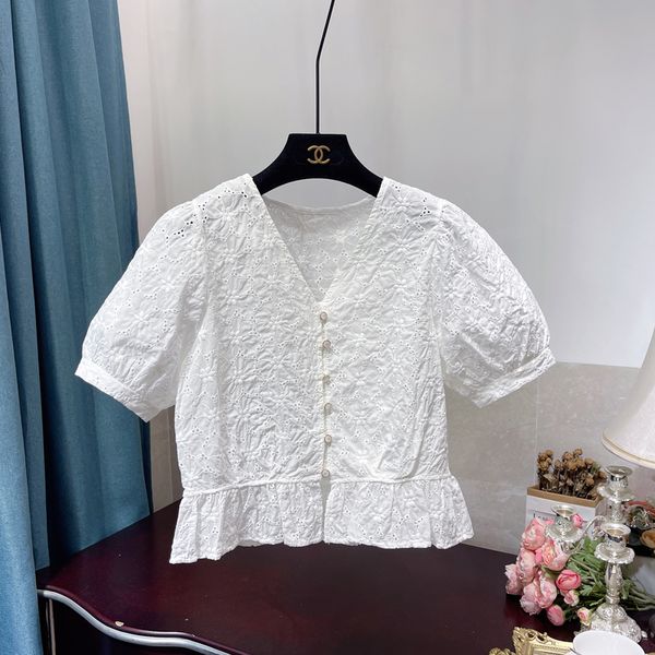 

2021 summer exquisite hollow lace fashion puff sleeve blusas flower jacquard short elegant shirt all-match blouse for women, White