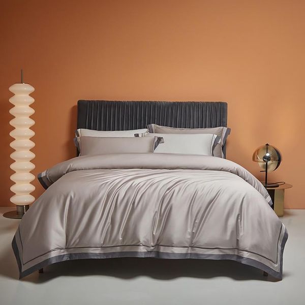 

premium quality duvet cover bed linen gray white 4pcs bedding set 600tc egyptian cotton sateen weave breathable silky soft sets