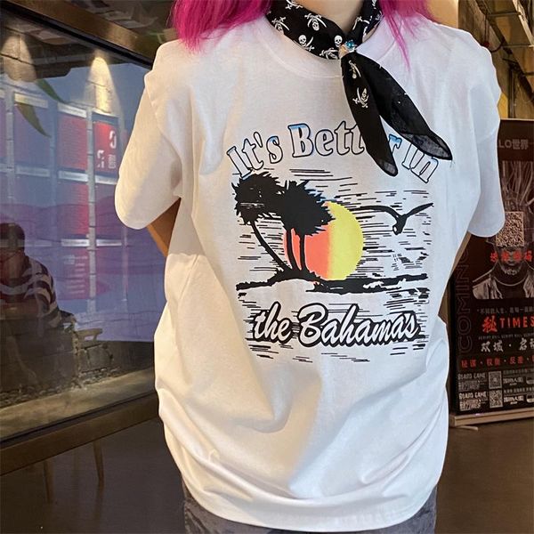 

women's t-shirt it's better in the bahamas vintage beach print whtie t shirt for female short sleeve loose summer 80s women vacat, White
