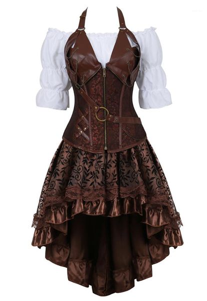 Bustini Corsetti Corsetto Steampunk Gonna burlesque con camicetta rinascimentale bianca Top corto in ecopelle gotica Costume da pirata da donna 3 pezzi