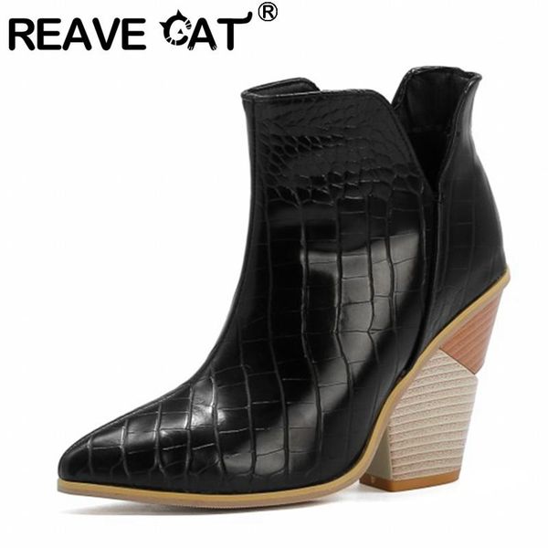 

boots reave cat 2021 lady novelty alligator texture pointed toe slip on 10cm strange block heel us16 17 black yellow blue a4429