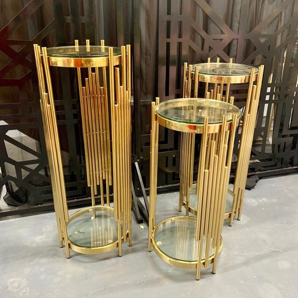 3PCS / SET) Украшение золотых поставок стойки цветочной стойки подставки для цветов свадебный акриловый цилиндр пьедесталы набор чаши ваза
