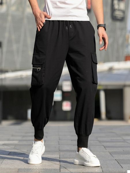 

men flap pocket side drawstring waist cargo pants m9c1#, Black