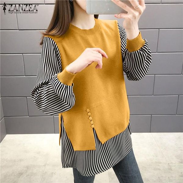 

women's blouses & shirts fashion fake two pieces blouse women autumn long sleeve loose work blusas chemise casual striped patchw, White