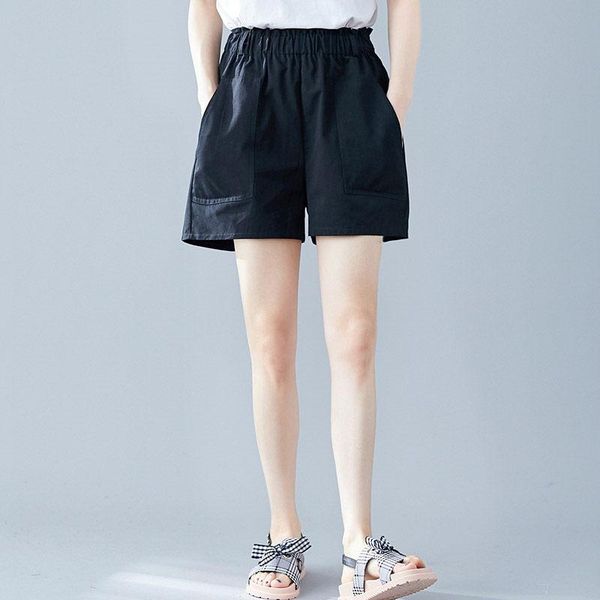 

women's shorts pocket casual large size 2021 summer loose elastic waist cotton linen wide leg plus for lady f1203, White;black