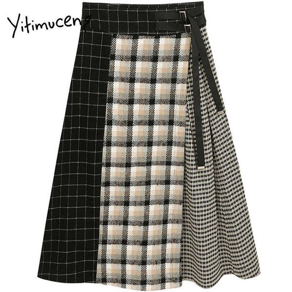 

yitimuceng plaid patchwork bandage skirt women high waist mini a-line clothing summer korean fashion skirts 210601, Black