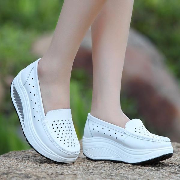 

dress shoes breathable summer autumn split leather wedges women sneakers platform cutout white shoe soft moccasins yuj7, Black