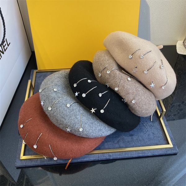 

baret hats for women wool effects painting hats herf winter warm motor cap hat with stars stone ladies hat, Blue;gray