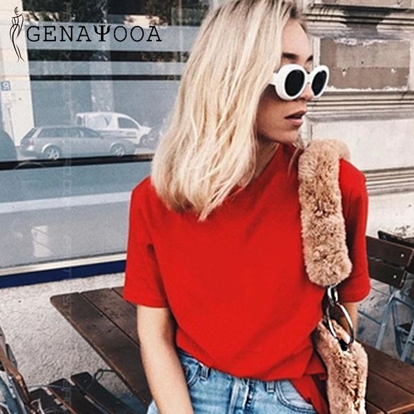 

genayooa 100% t-shirts white o neck tshirt cotton women solid summer black woman short sleeve tees red harajuku 210417