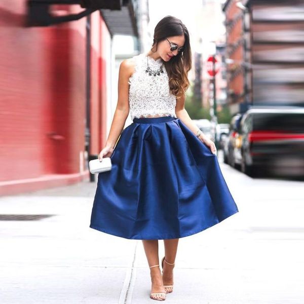 

royal blue knee length satin skirts zipper style fashion midi skirt female saias custom made high end 2021, Black
